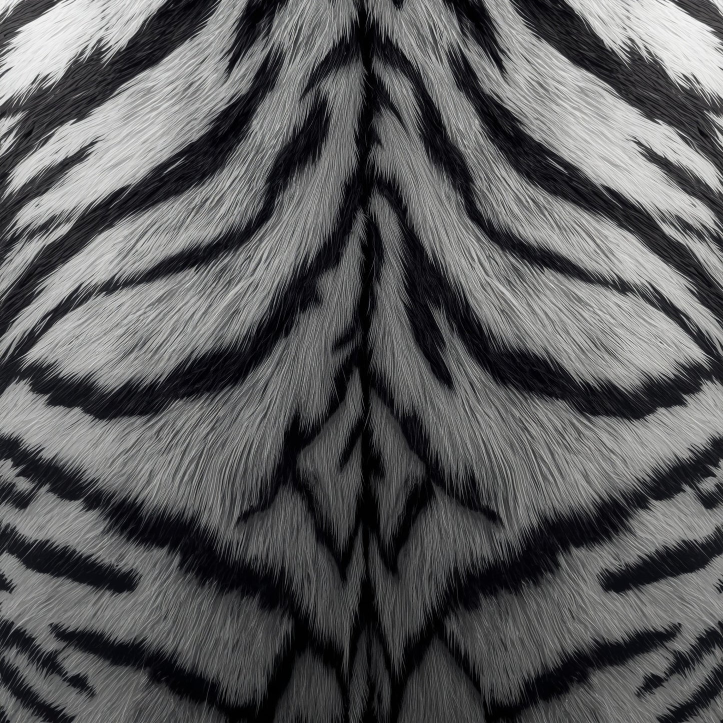 Detailaufnahme einer weißen Tigerfellstruktur mit schwarzen Streifen und feiner realistischer Felltextur in kontrastreicher Schwarz-Weiß-Optik für eine luxuriöse Laptoptasche
