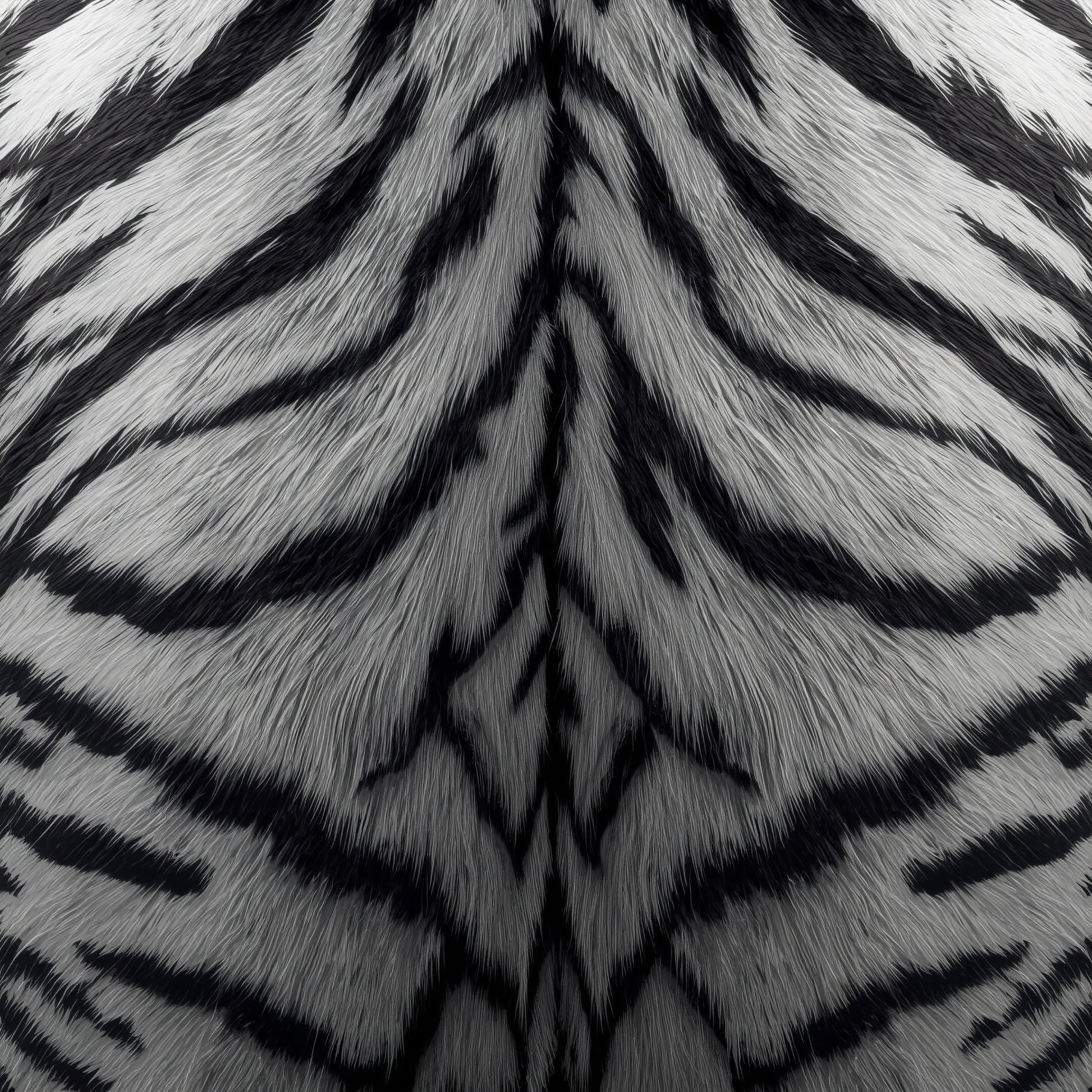 Detailaufnahme einer weißen Tigerfellstruktur mit schwarzen Streifen und feiner realistischer Felltextur in kontrastreicher Schwarz-Weiß-Optik für eine luxuriöse Laptoptasche