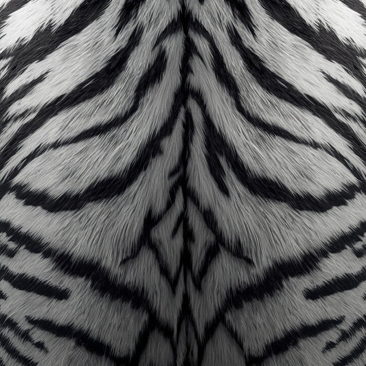Detailaufnahme einer weißen Tigerfellstruktur mit schwarzen Streifen und feiner realistischer Felltextur in kontrastreicher Schwarz-Weiß-Optik für eine luxuriöse Laptoptasche