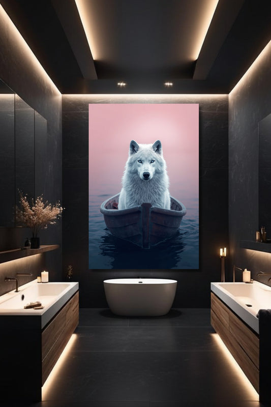 Weiße Wolf in kleinem Boot Wandkunst in stilvollem Badezimmer an dunkler Wand