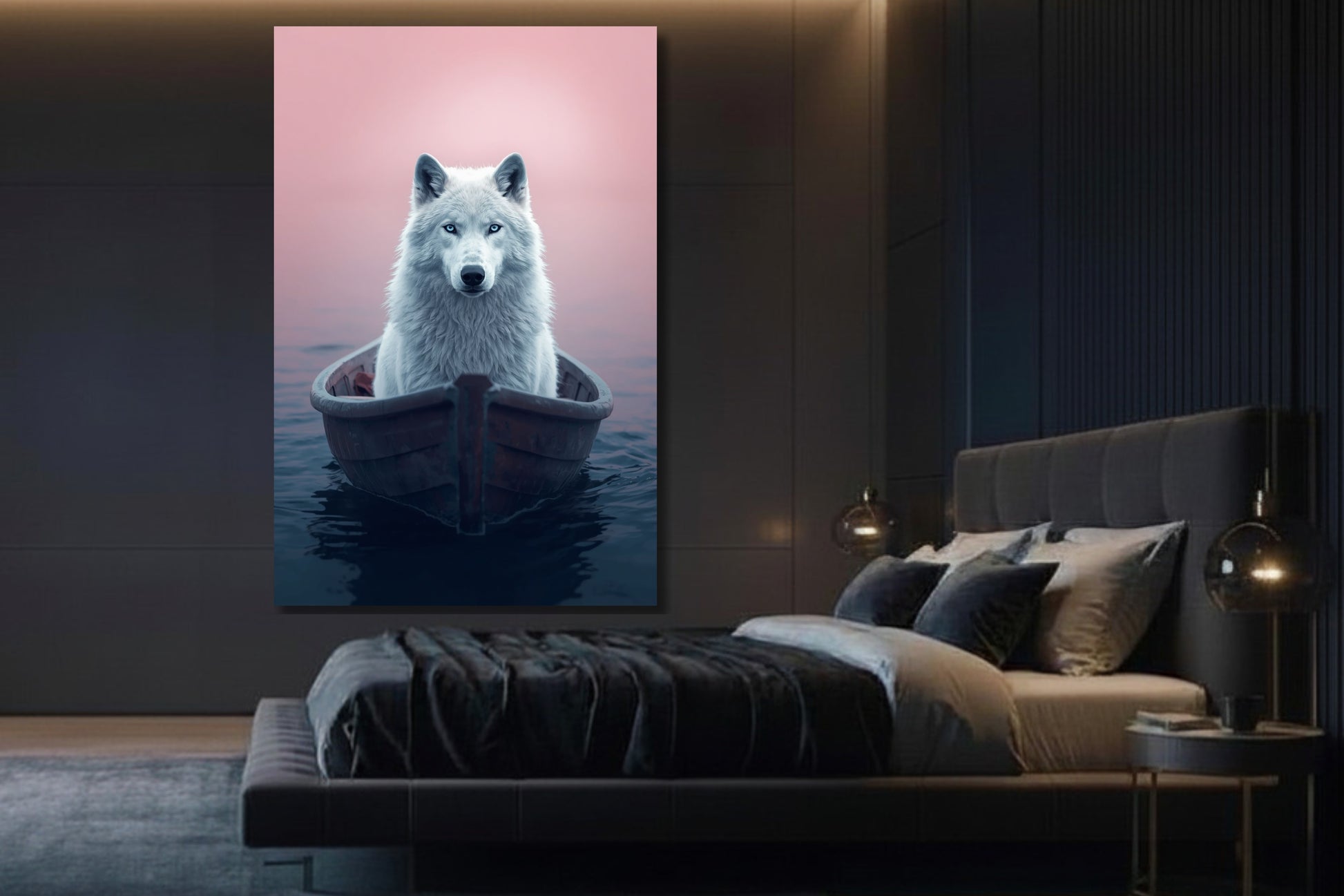 Atmosphärische Wolf Wandkunst auf Leinwand in einem stilvollen Schlafzimmer mit sanften Farben