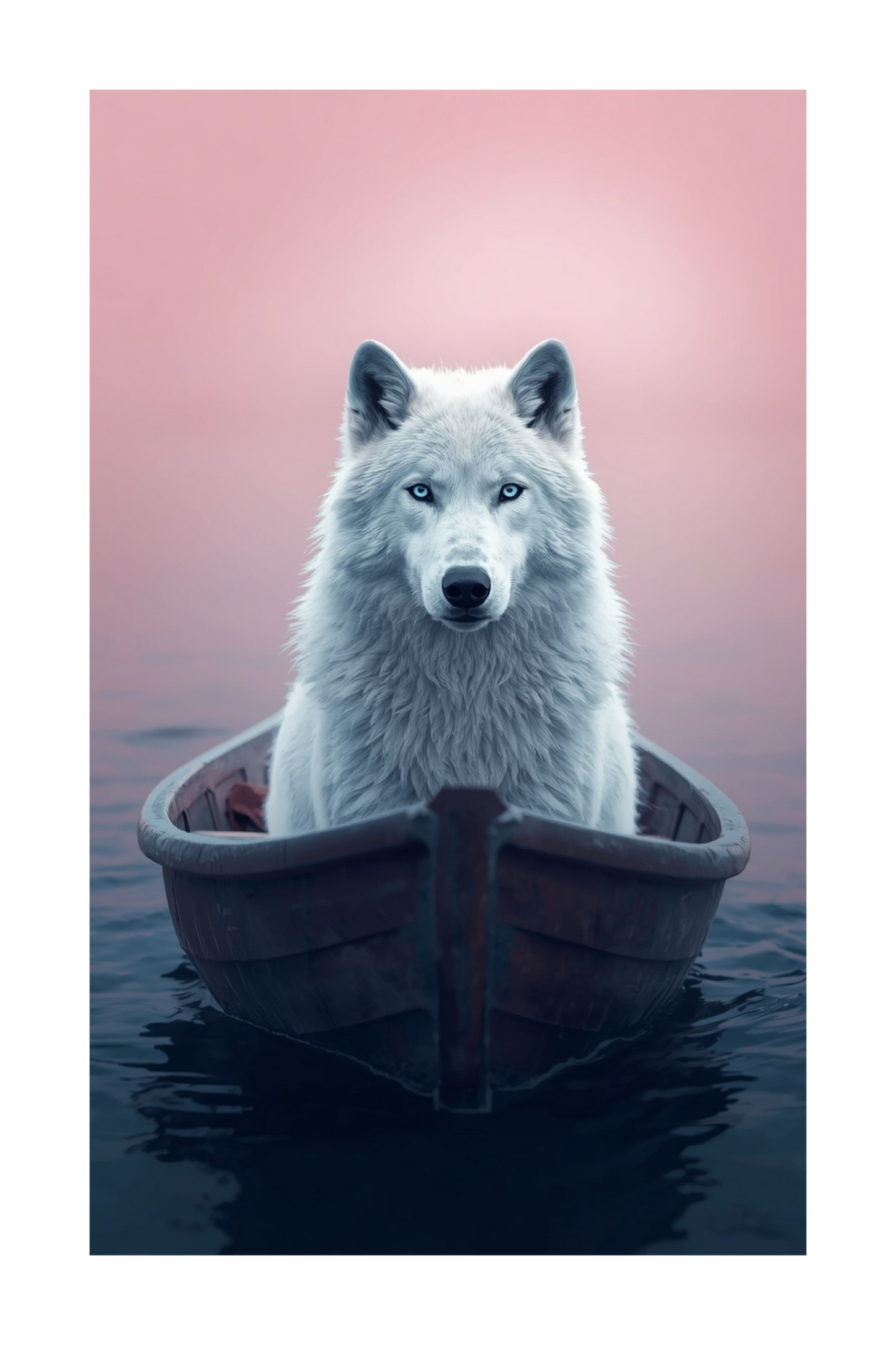 Freigestelltes Motiv eines weißen Wolfs im Boot mit ruhiger atmosphärischer Wirkung