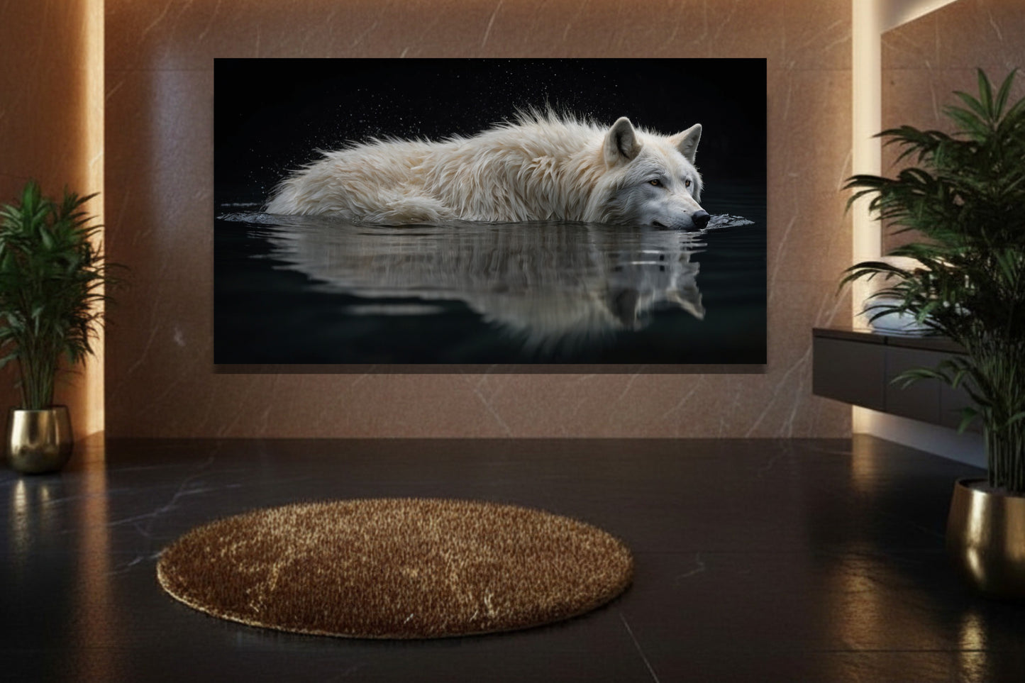 Weißer Wolf Fine Art Poster in elegantem Badezimmer mit Goldakzenten, ruhige Wasseroberfläche und klare Spiegelung für eine entspannte Raumwirkung