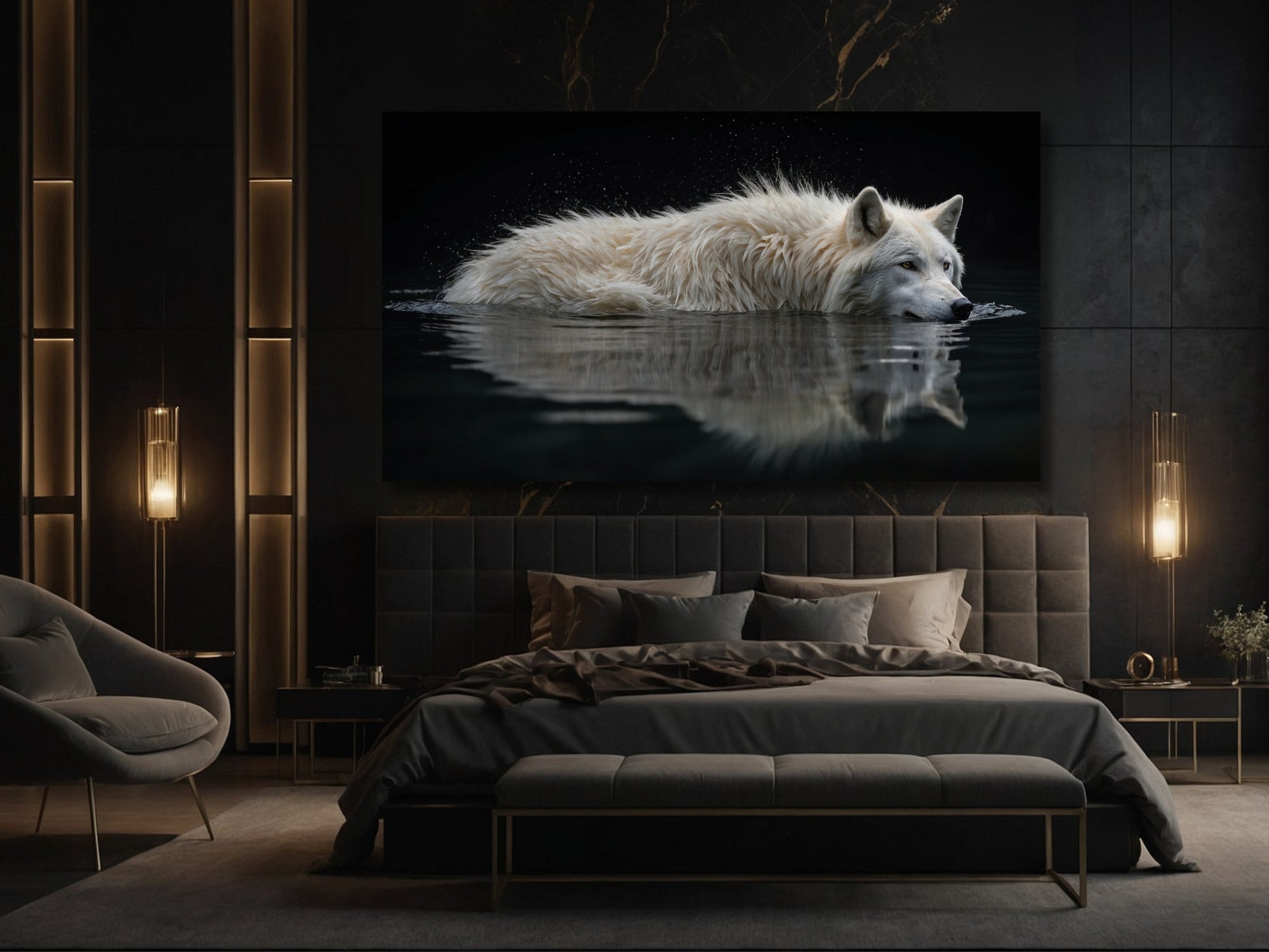 Weißer Wolf Fine Art Poster 100x70 cm über dem Bett im Schlafzimmer, ruhige Wasseroberfläche und klare Spiegelung für entspannte Raumwirkung