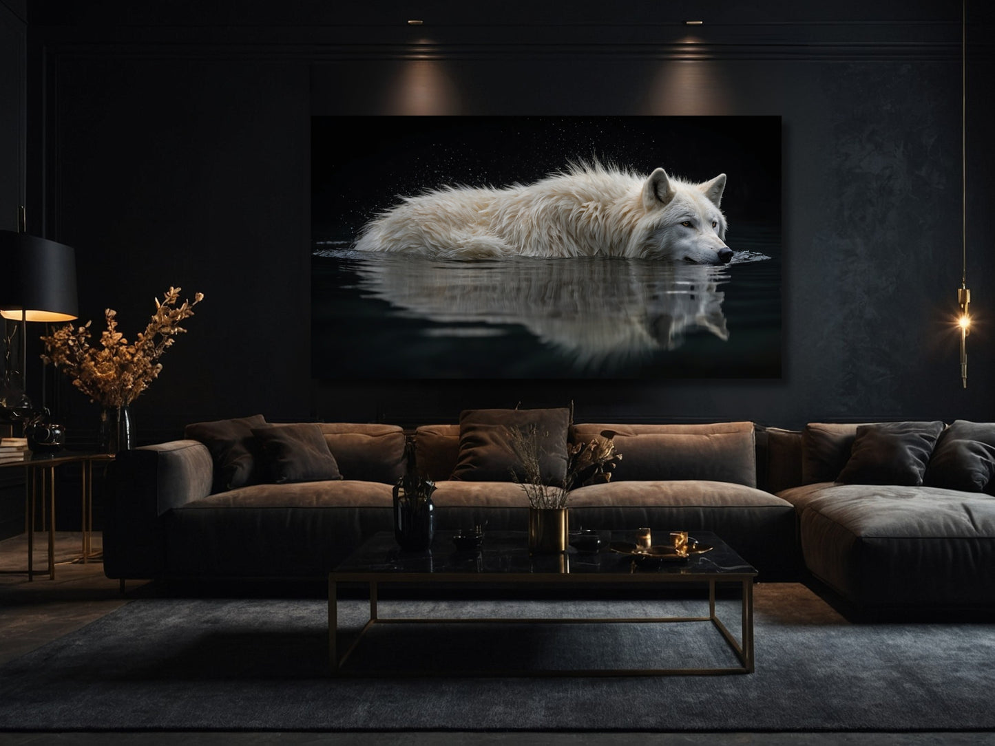 Weißer Wolf im dunklen Wasser als Wandkunst über großem Sofa in elegantem Wohnzimmer