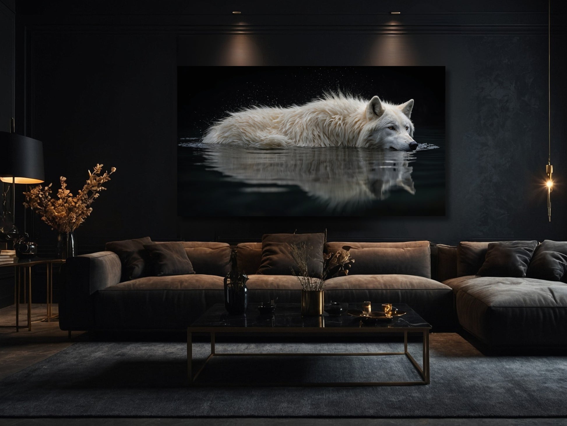Weißer Wolf im dunklen Wasser als Wandkunst über großem Sofa in elegantem Wohnzimmer