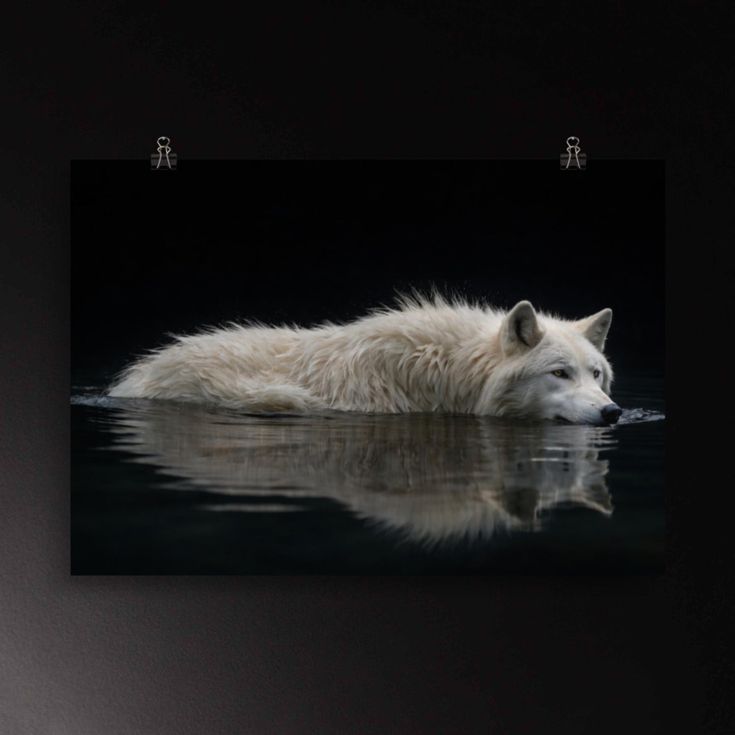 Weißer Wolf im dunklen Wasser als Wandkunst Poster, ruhige Spiegelung und starke Tiefenwirkung