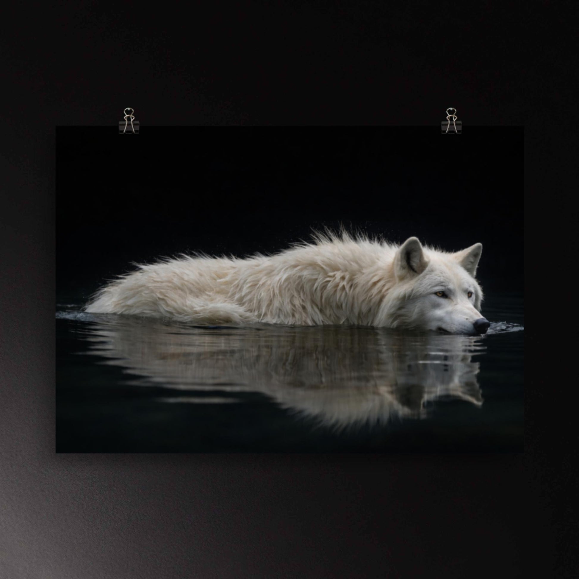 Weißer Wolf im dunklen Wasser als Wandkunst Poster, ruhige Spiegelung und starke Tiefenwirkung