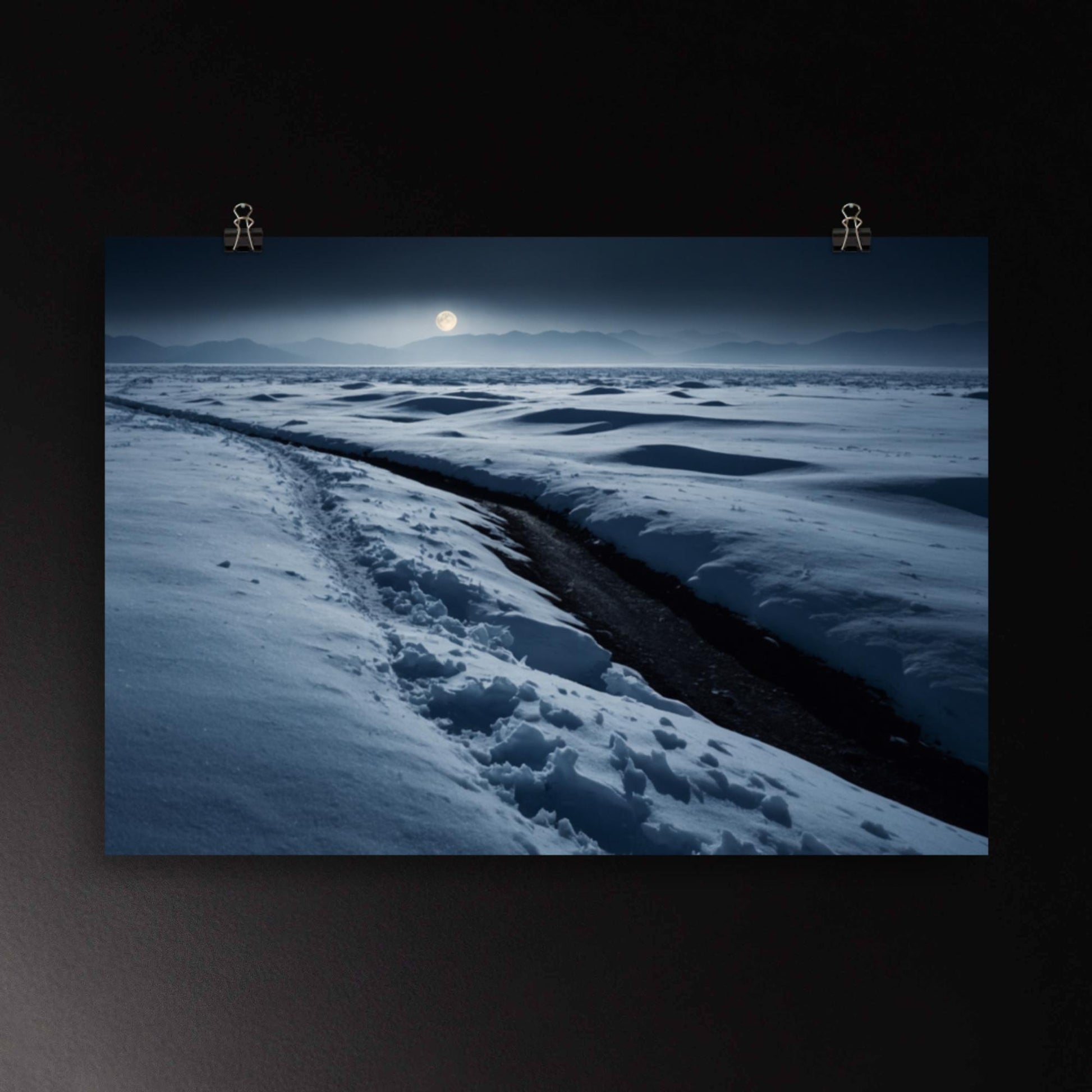 Winterlandschaft bei Nacht mit Mondlicht und verschneiter Weite als Poster mit ruhiger, klarer Bildwirkung