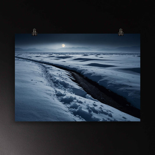 Winterlandschaft bei Nacht mit Mondlicht und verschneiter Weite als Poster mit ruhiger, klarer Bildwirkung