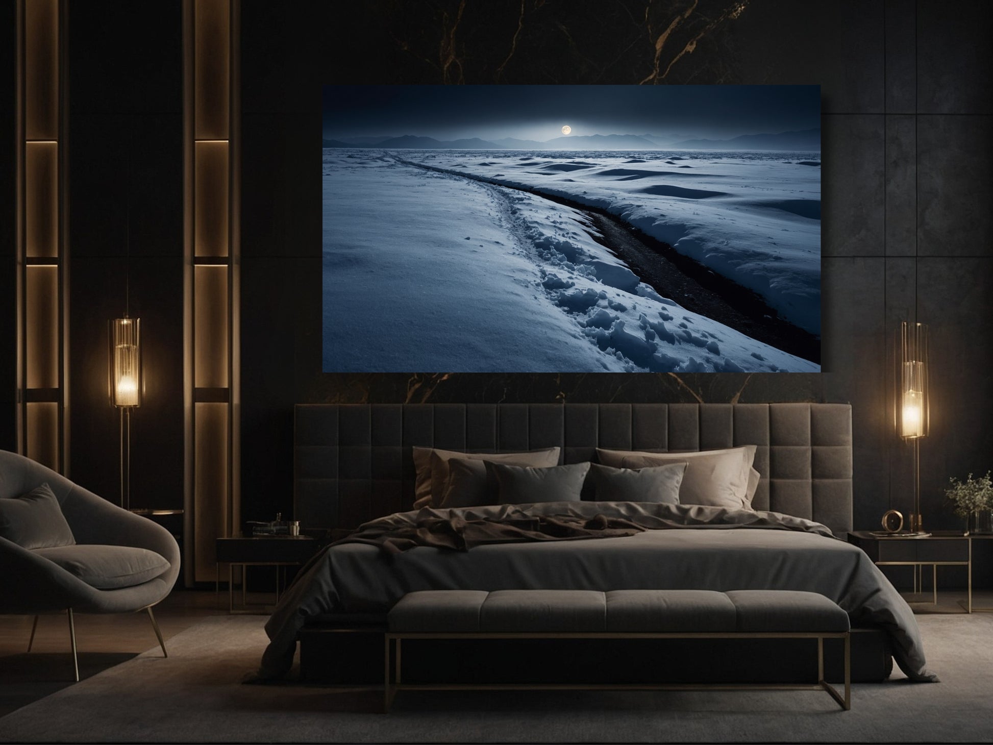 Winterlandschaft Poster im Mondlicht über Bett im Schlafzimmer mit ruhiger Atmosphäre und klarer, weiter Bildwirkung