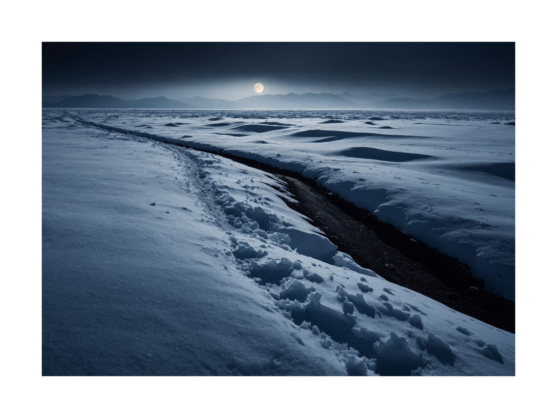 Freigestelltes Poster einer stillen Winterlandschaft im Mondlicht mit klarer Linienführung und weiter Perspektive