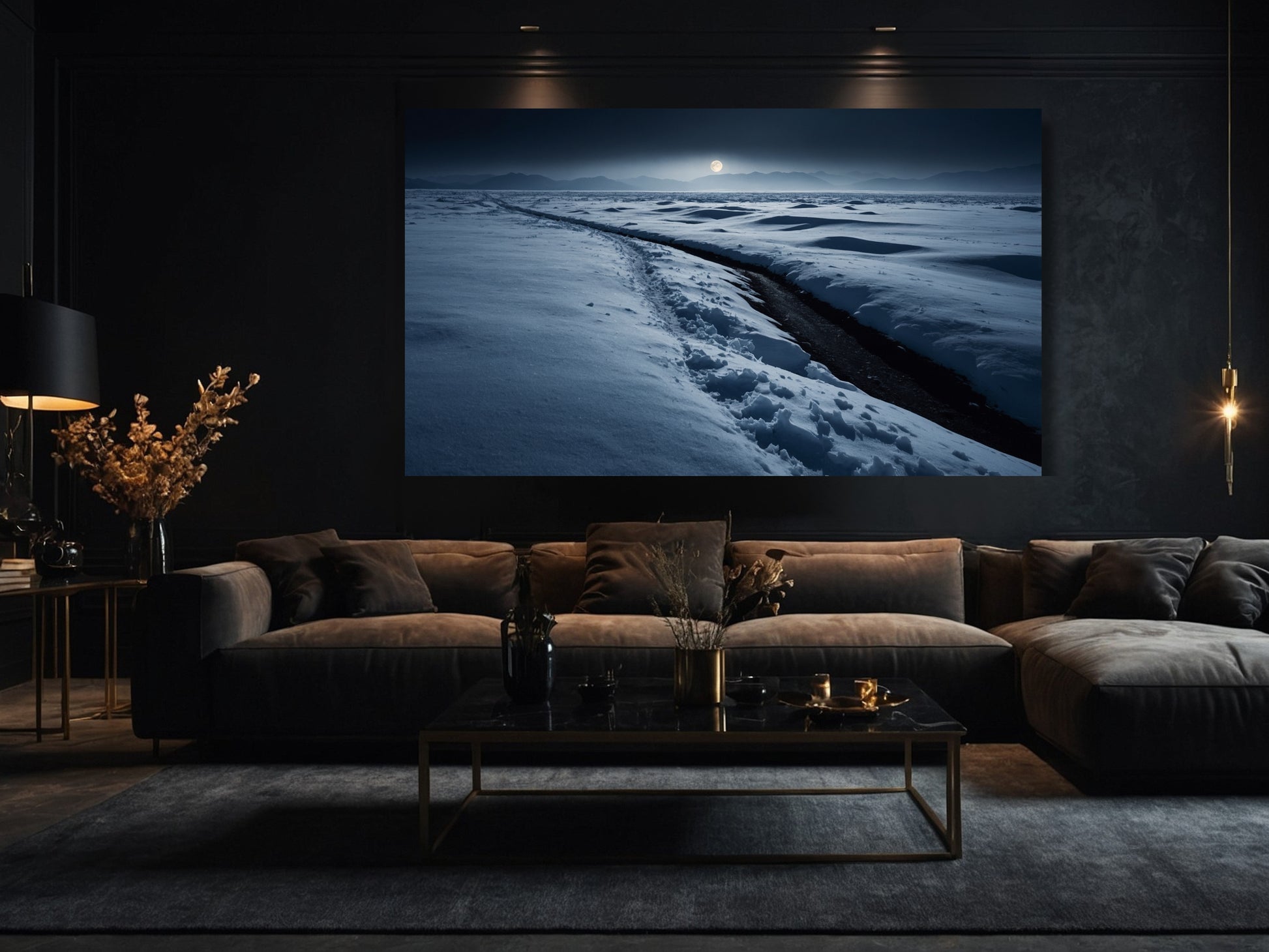 Poster einer ruhigen Winterlandschaft im Mondlicht im Wohnzimmer über einem Sofa als stilvolle Wandgestaltung mit klarer, reduzierter Wirkung