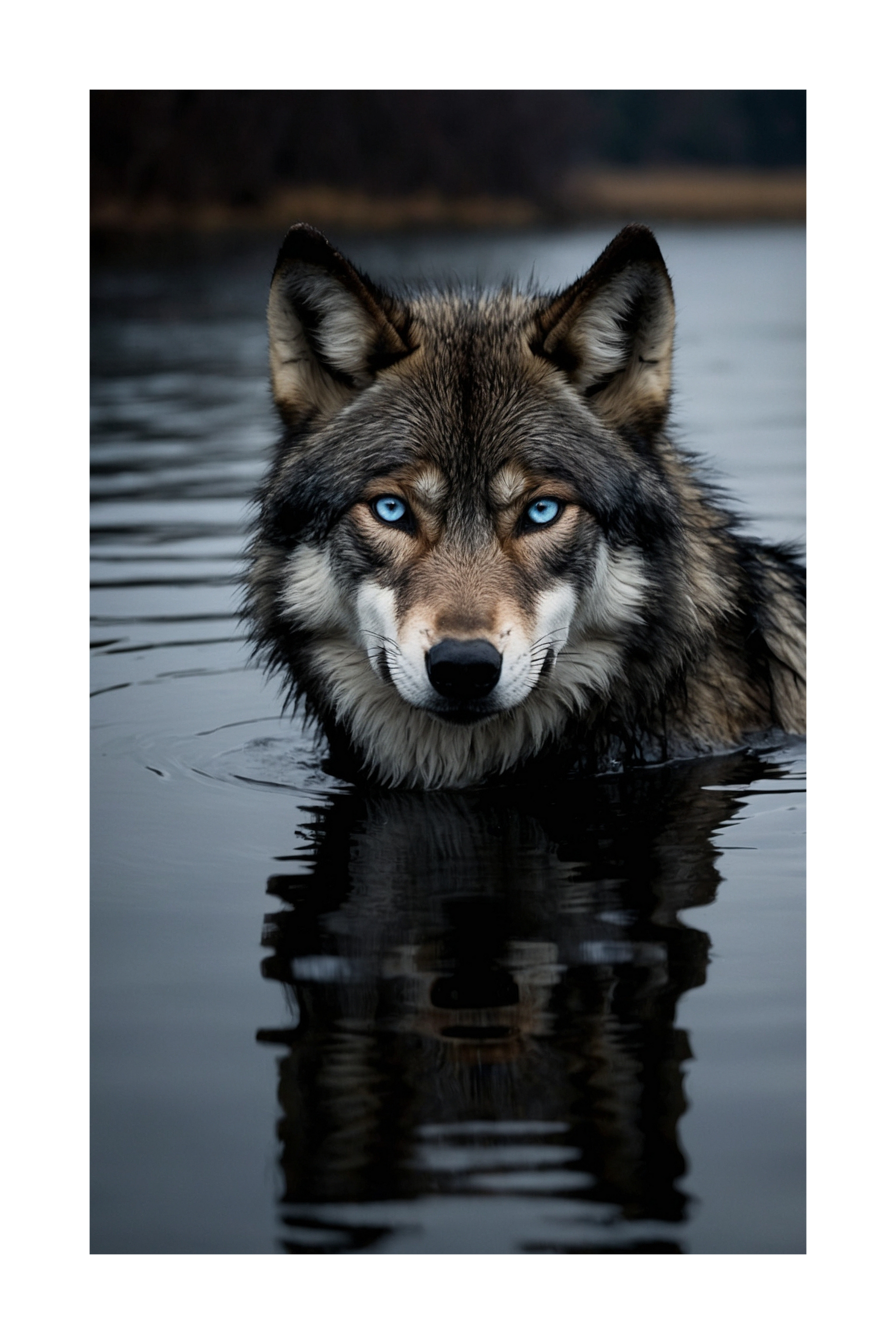Freigestelltes Wolf Poster im dunklen Wasser mit Spiegelung 