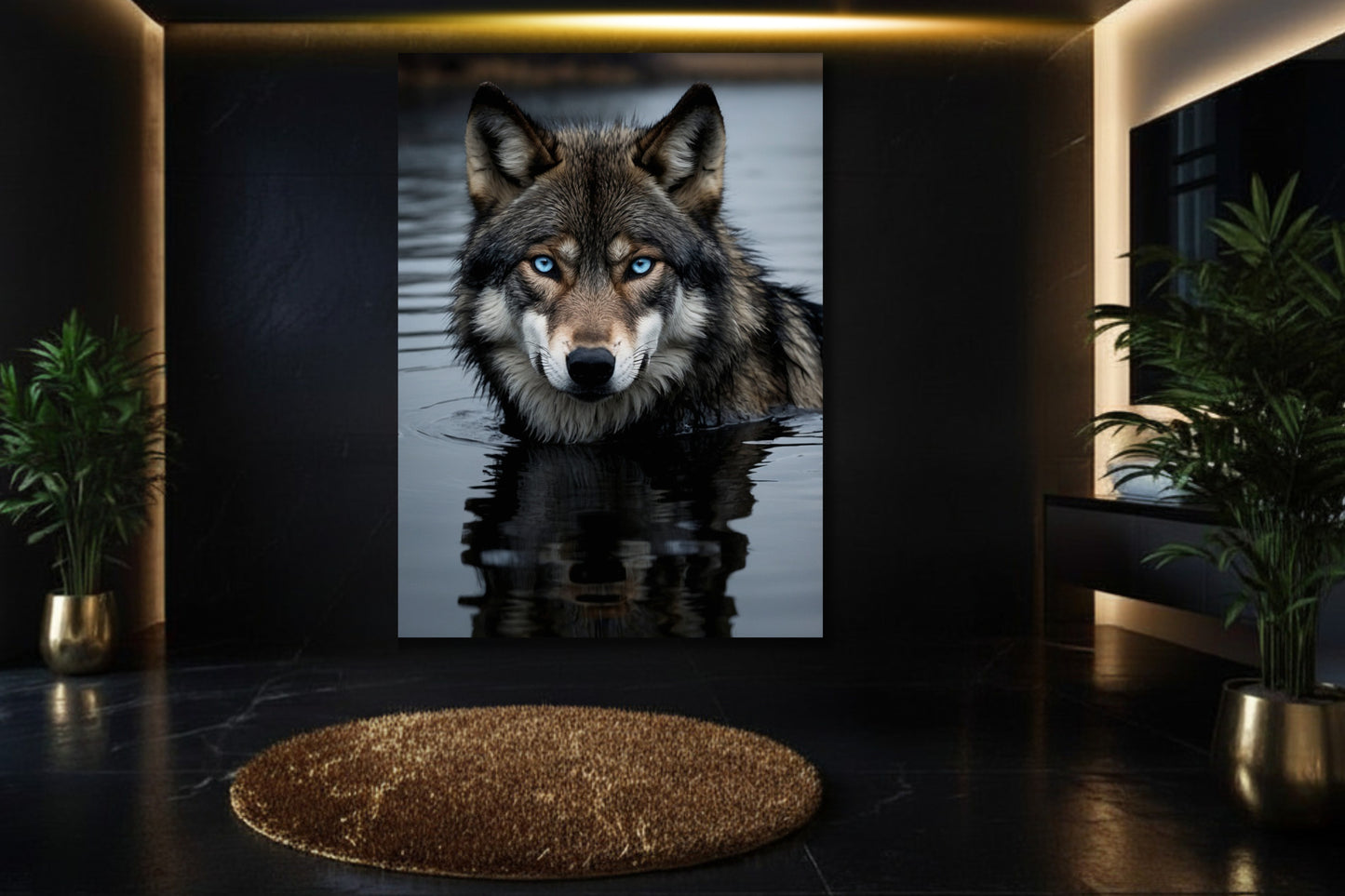 Wolf im Wasser mit blauen Augen als Poster in stilvollem Badezimmer mit dunkler Wand und Goldakzenten