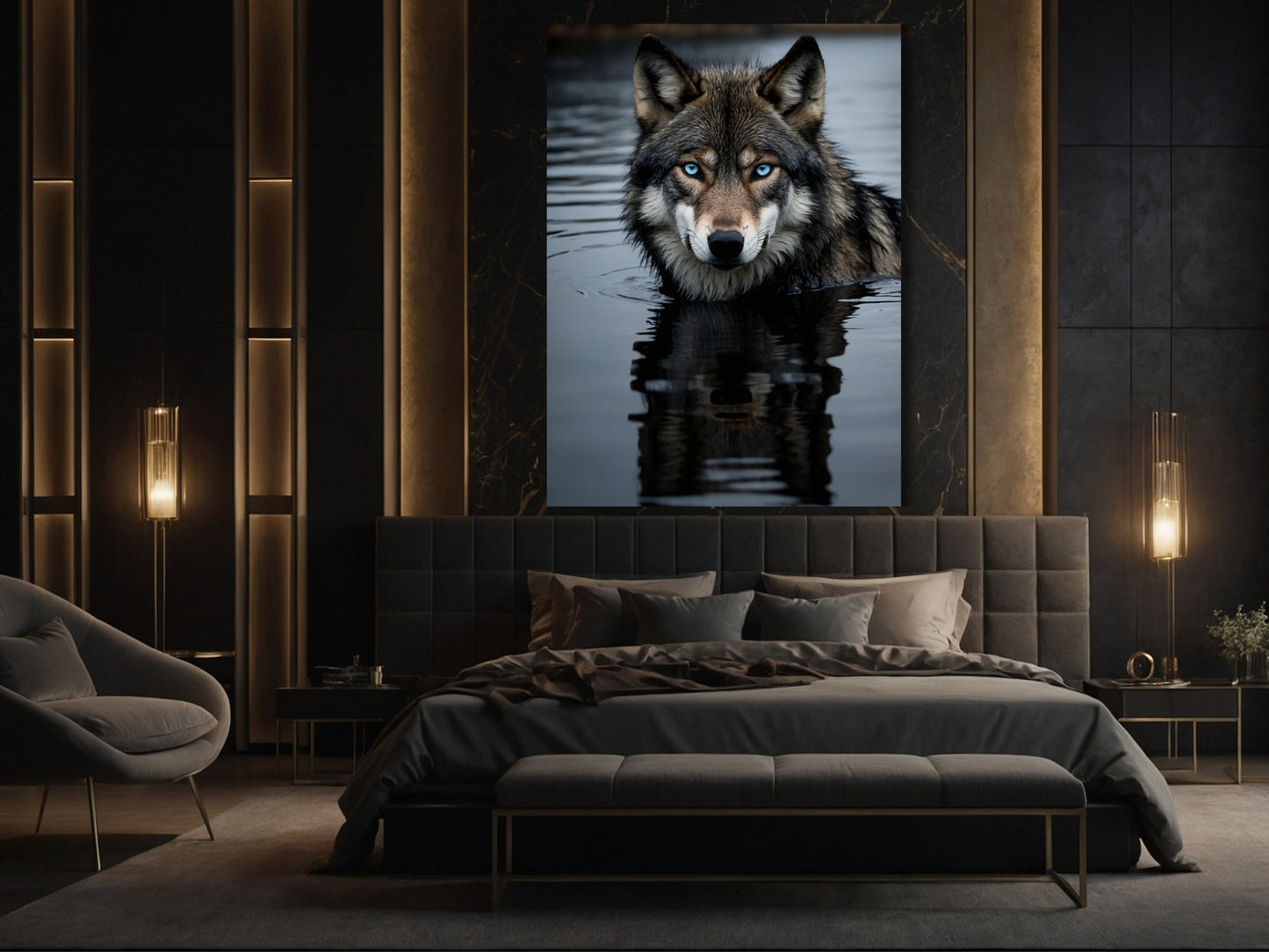 Wolf Poster im Schlafzimmer über dem Bett, ruhige Spiegelung im Wasser und stilvolle Wandgestaltung.