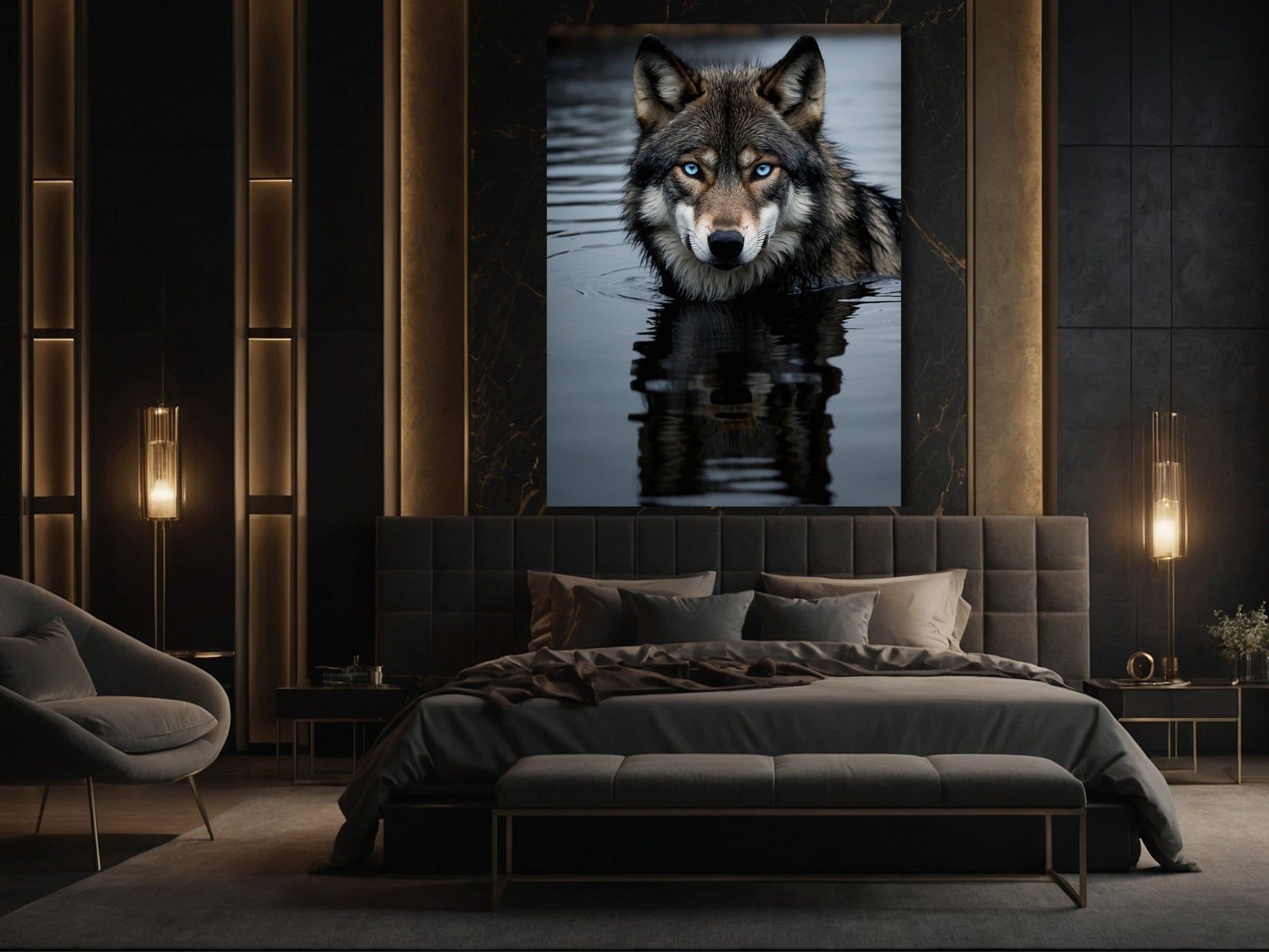 Wolf Poster im Schlafzimmer über dem Bett, ruhige Spiegelung im Wasser und stilvolle Wandgestaltung.
