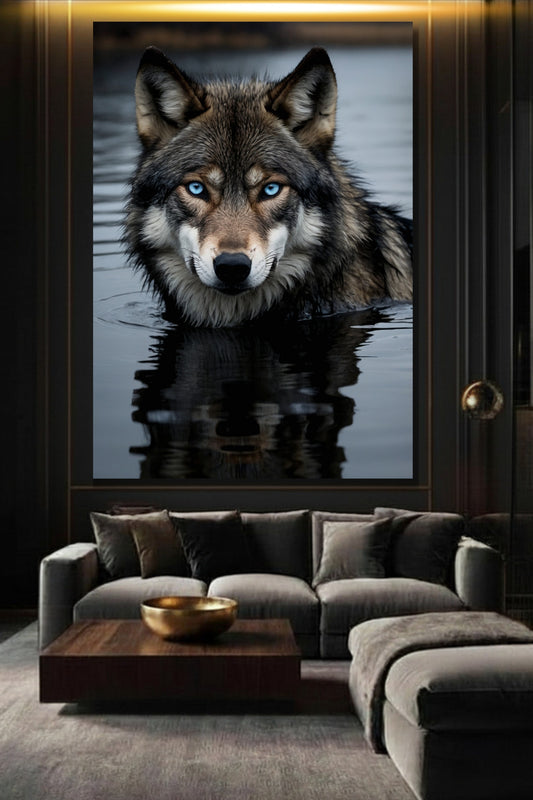 Großformatige Wolf Wandkunst im dunklen Wohnzimmer, elegantes Poster mit Spiegelung im Wasser und ruhiger Atmosphäre