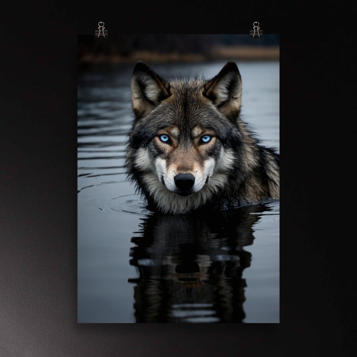 Wandkunst mit Wolf im dunklen Wasser, ruhige Spiegelung und intensiver Blick, großformatiges Poster 70x100 cm