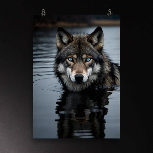 Wandkunst mit Wolf im dunklen Wasser, ruhige Spiegelung und intensiver Blick, großformatiges Poster 70x100 cm