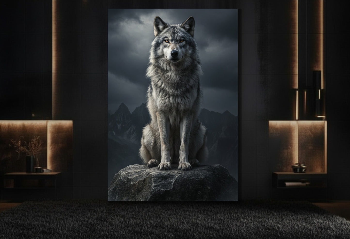 Wolf auf Felsen Wandkunst auf Leinwand 32x48 Zoll in stilvollem Lounge Bereich mit dunkler Wand und Goldakzenten