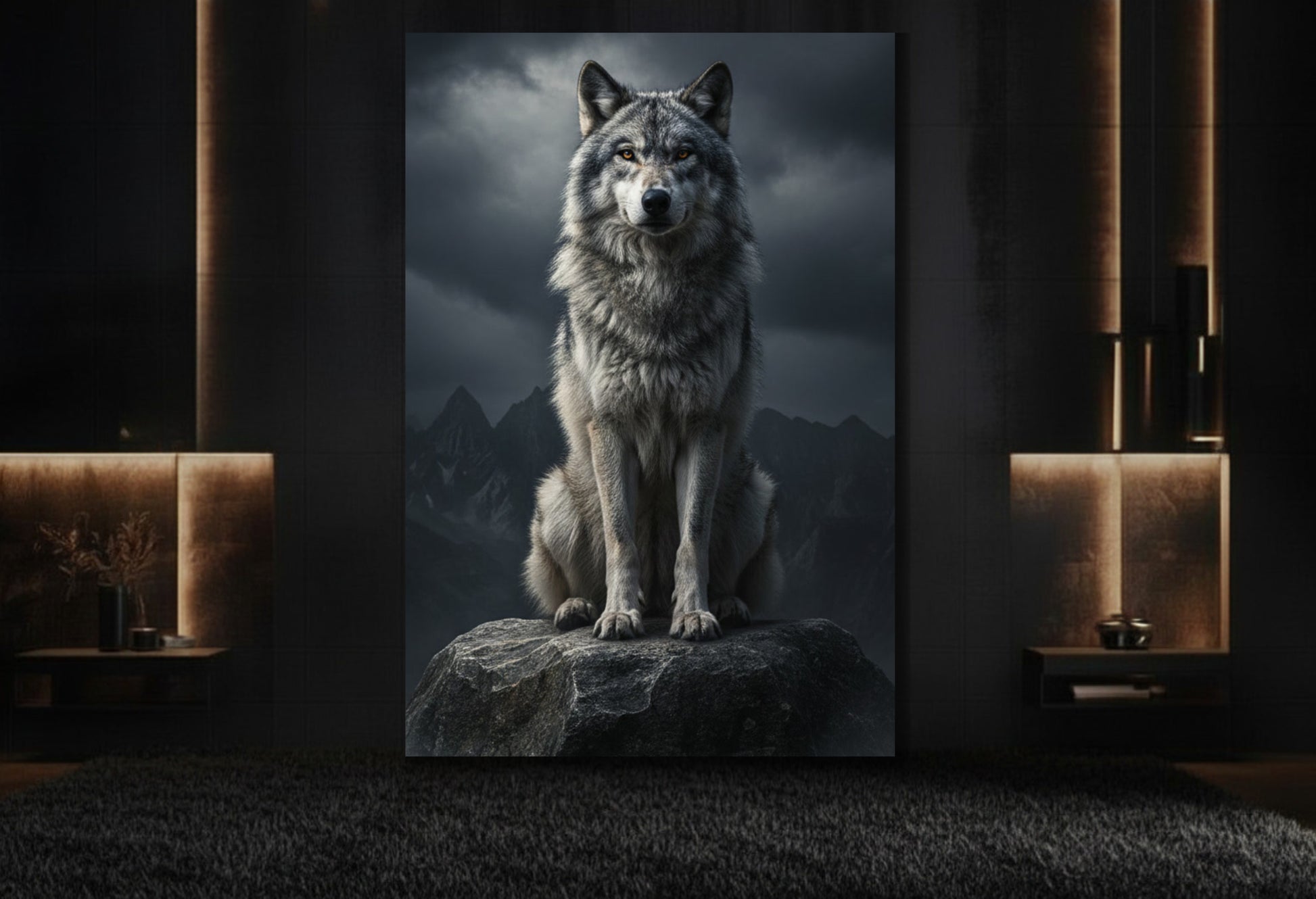 Wolf auf Felsen Wandkunst auf Leinwand 32x48 Zoll in stilvollem Lounge Bereich mit dunkler Wand und Goldakzenten