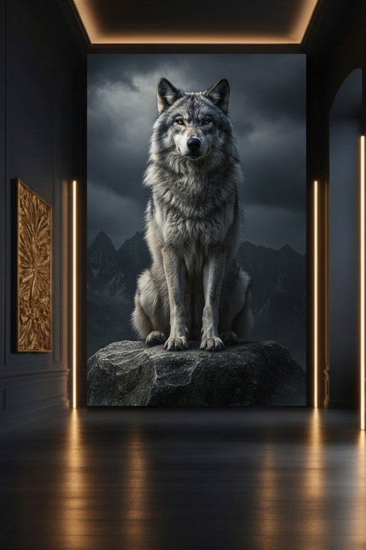 Wolf im Nebelgebirge als Wandkunst auf Leinwand in stilvoller Galerie mit dunkler Wand und warmen Lichtakzenten – ausdrucksstarke Tierkunst mit intensiver Präsenz
