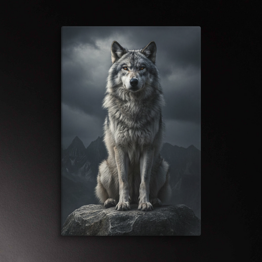Wolf auf Felsen im Nebelgebirge auf Leinwand als großes Wandbild