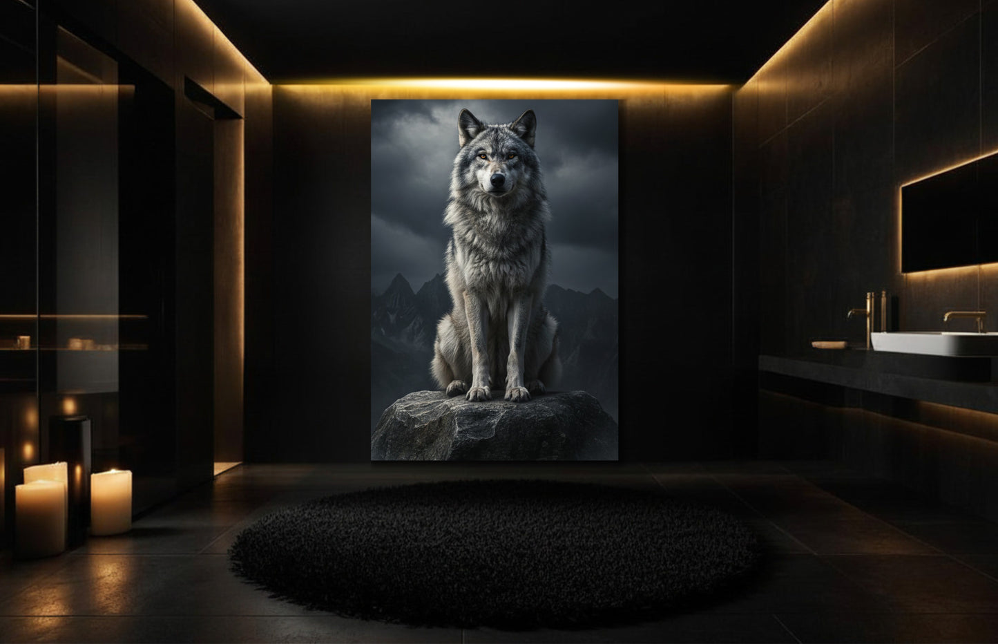 Wolf Leinwandkunst in luxuriösem Badezimmer mit dunkler Architektur und warmgoldener Beleuchtung.