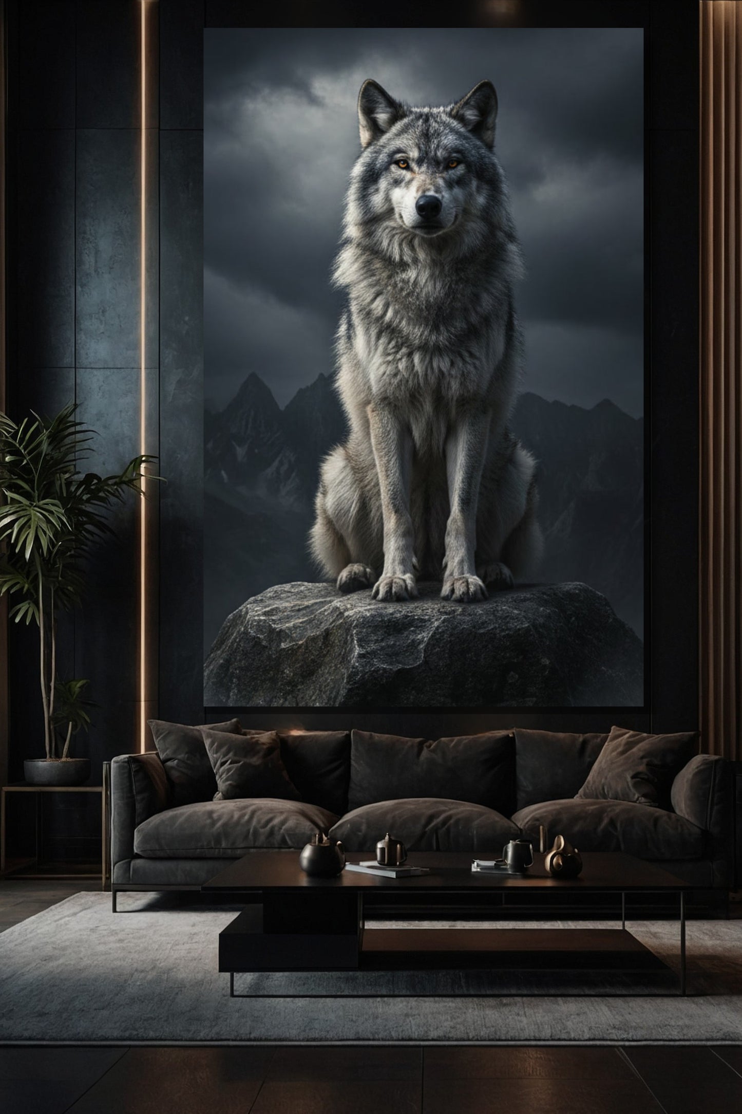 Wolf Leinwand Wandbild in elegantem Wohnzimmer über einem Sofa mit dunkler Wand und Goldakzenten