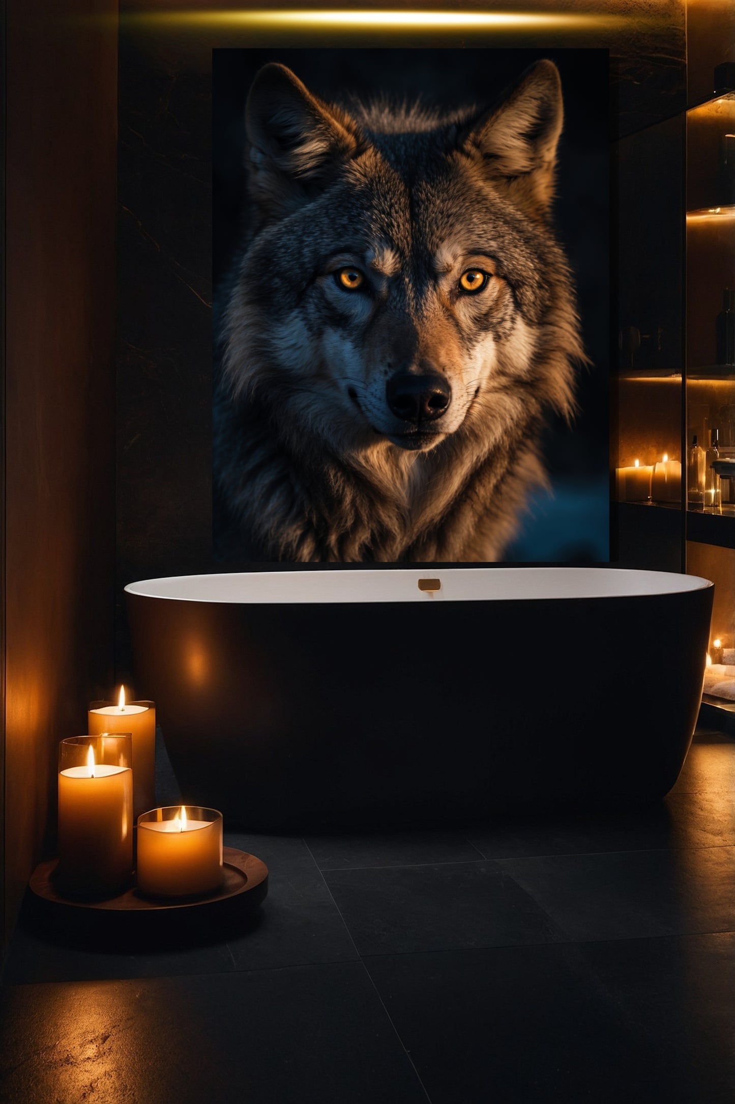 Wolf Wandkunst auf Leinwand im Badezimmer mit Kerzenlicht und freistehender Badewanne