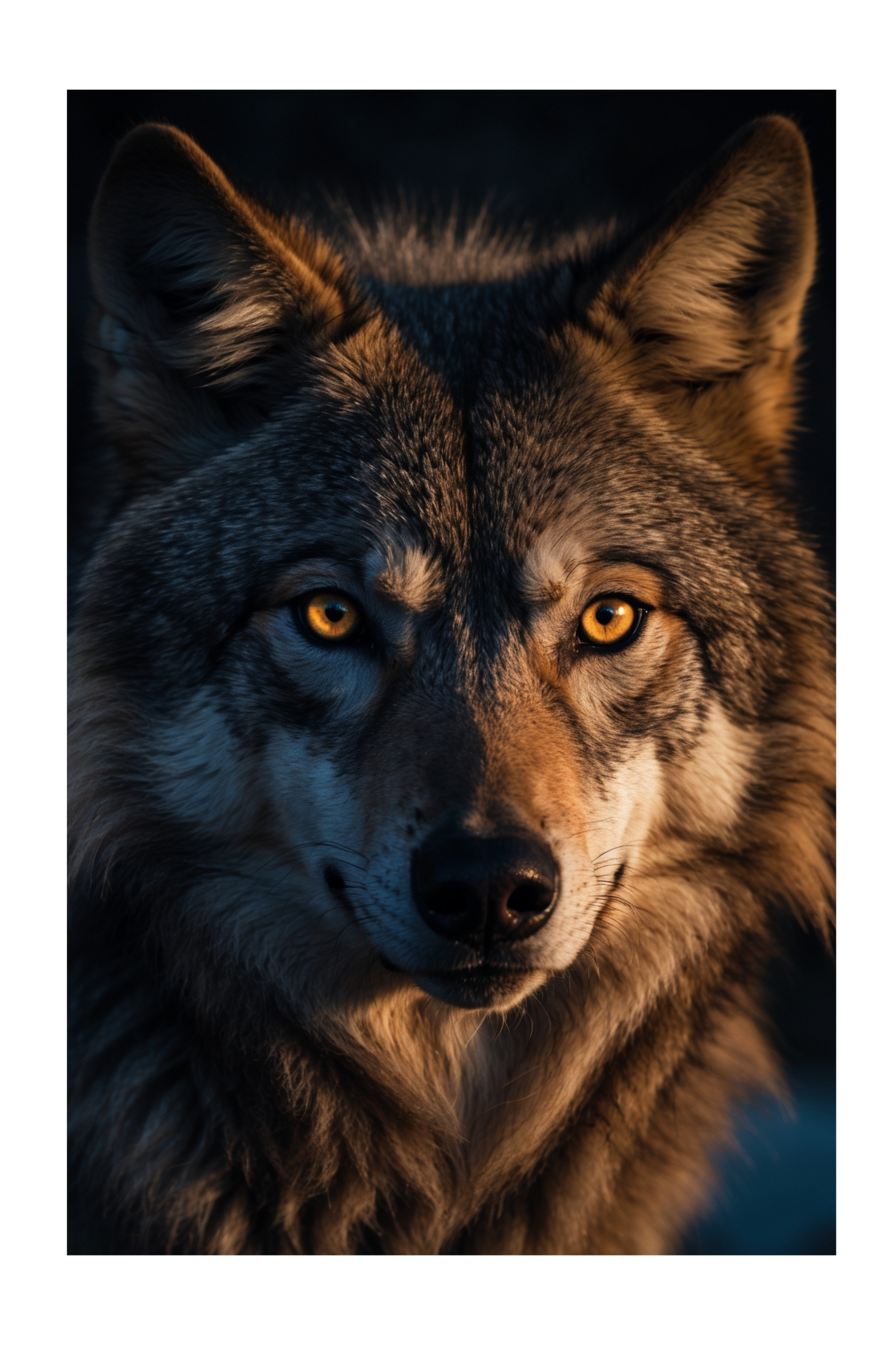 Freigestelltes Wolf Motiv mit leuchtenden Augen und realistischer Fellstruktur für Leinwanddruck