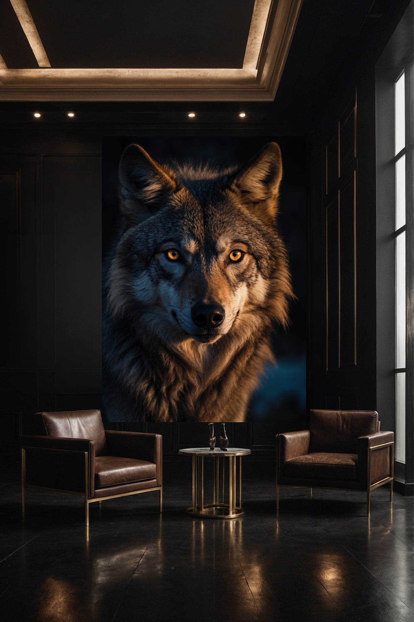 Wolf Wandbild auf Leinwand in Galerie mit dunkler Wand und gezielter Spotbeleuchtung
