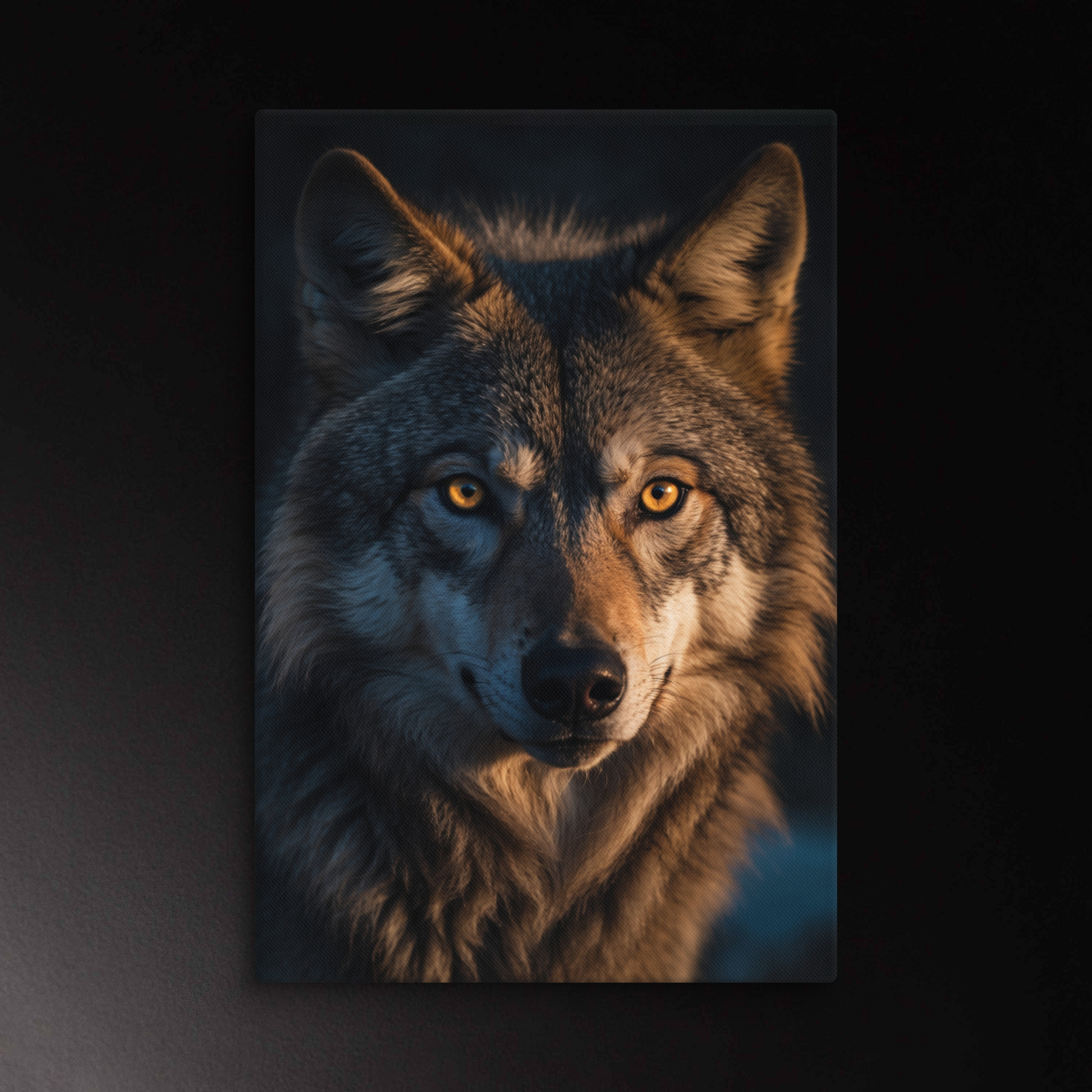 Detailreiche Wolf Wandkunst mit leuchtenden Augen und warmer Lichtstimmung auf Leinwand