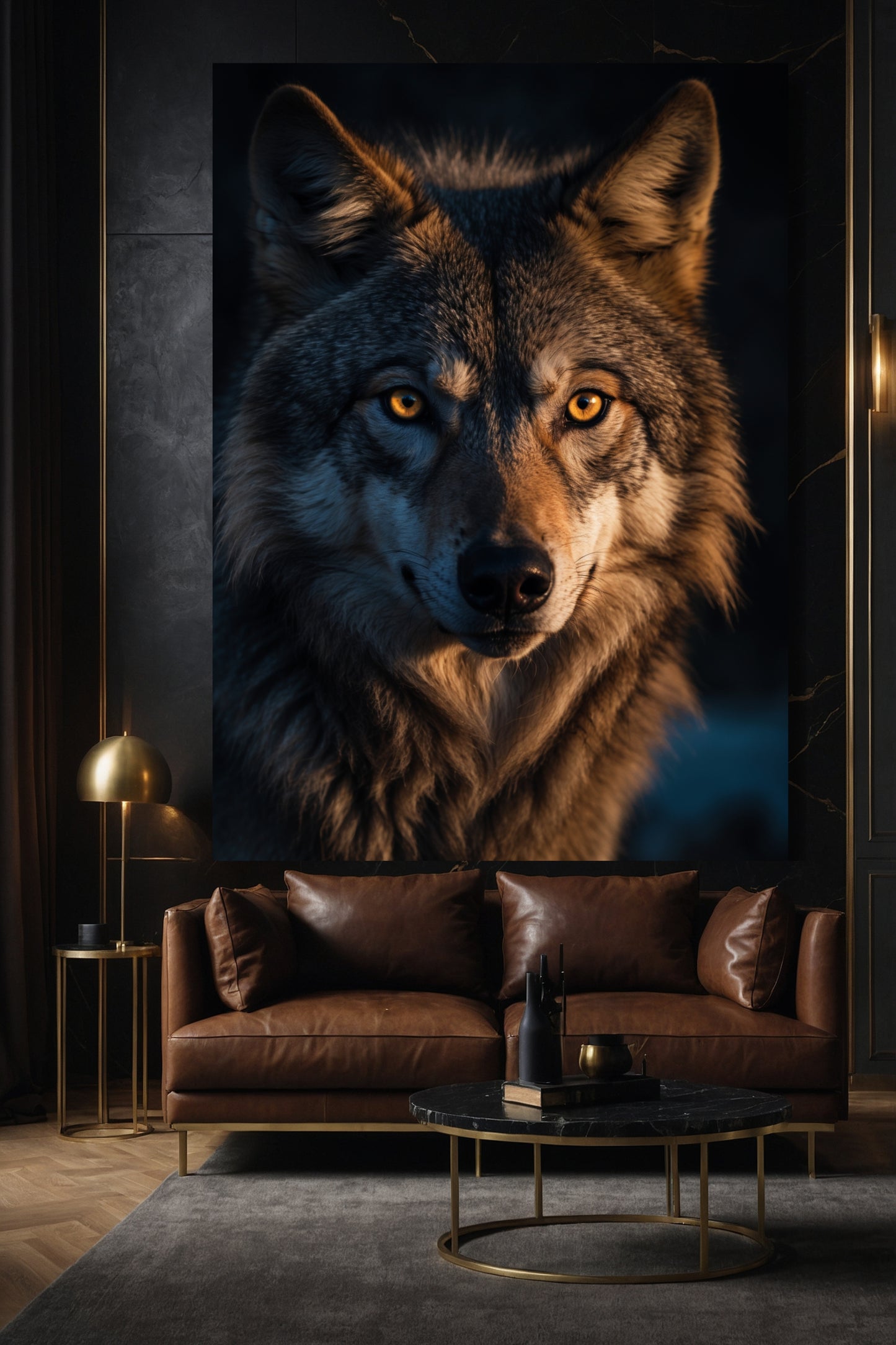 Großformatige Wolf Leinwandkunst über Sofa mit warmen Lichtakzenten und edlem Interior
