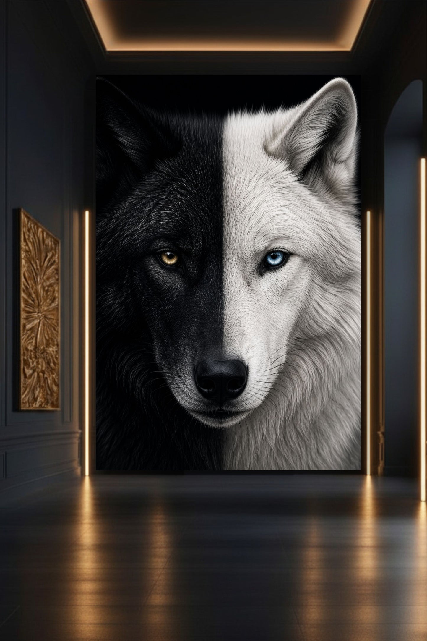 Wolfsgesicht Leinwand mit geteilter schwarzer und weißer Seite in eleganter Galerie Umgebung mit Goldakzenten