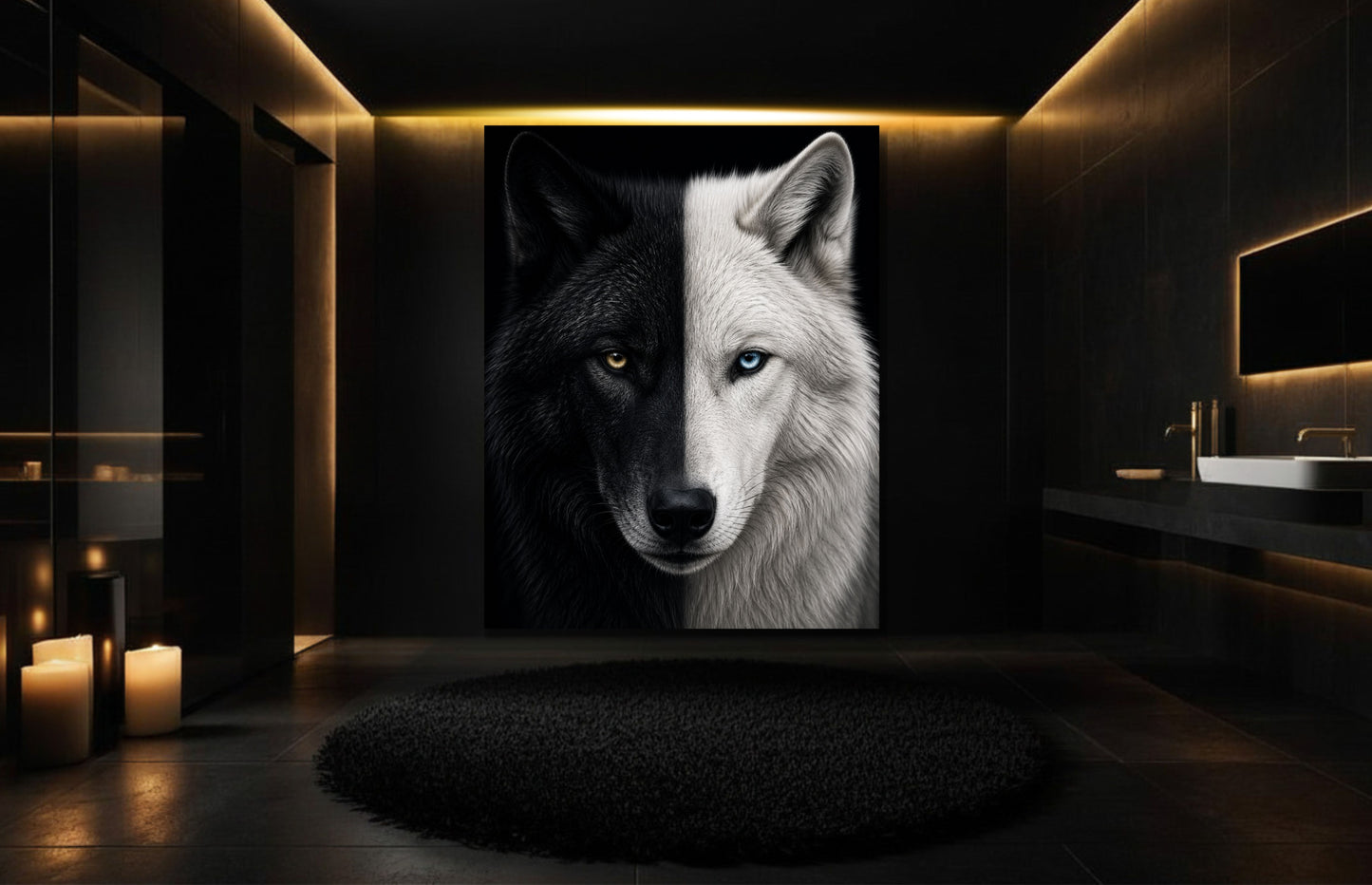 Wolfsgesicht Leinwand halb schwarz halb weiß als stilvolles Wandbild in luxuriösem Badezimmer mit warmer Kerzenbeleuchtung