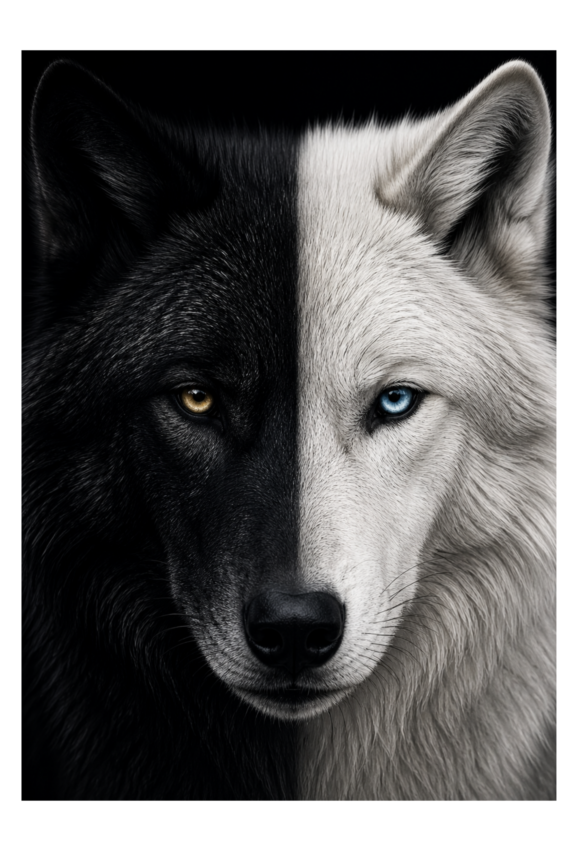 Freigestelltes Wolfsgesicht Leinwand Motiv halb schwarz halb weiß mit klarem Blick
