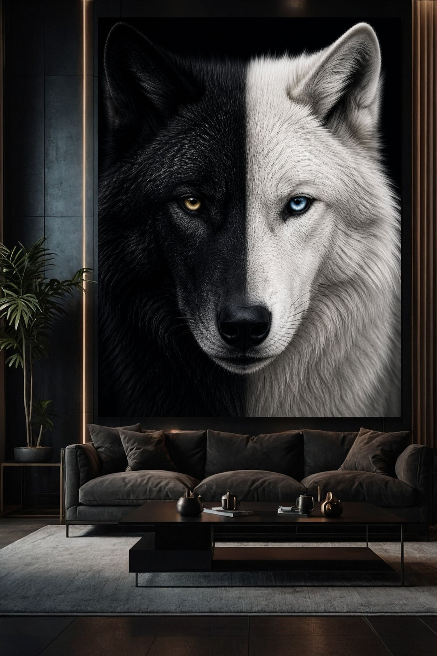 Wolfsgesicht Leinwand halb schwarz halb weiß in stilvollem Wohnzimmer mit dunkler Wand und klarer Bildwirkung