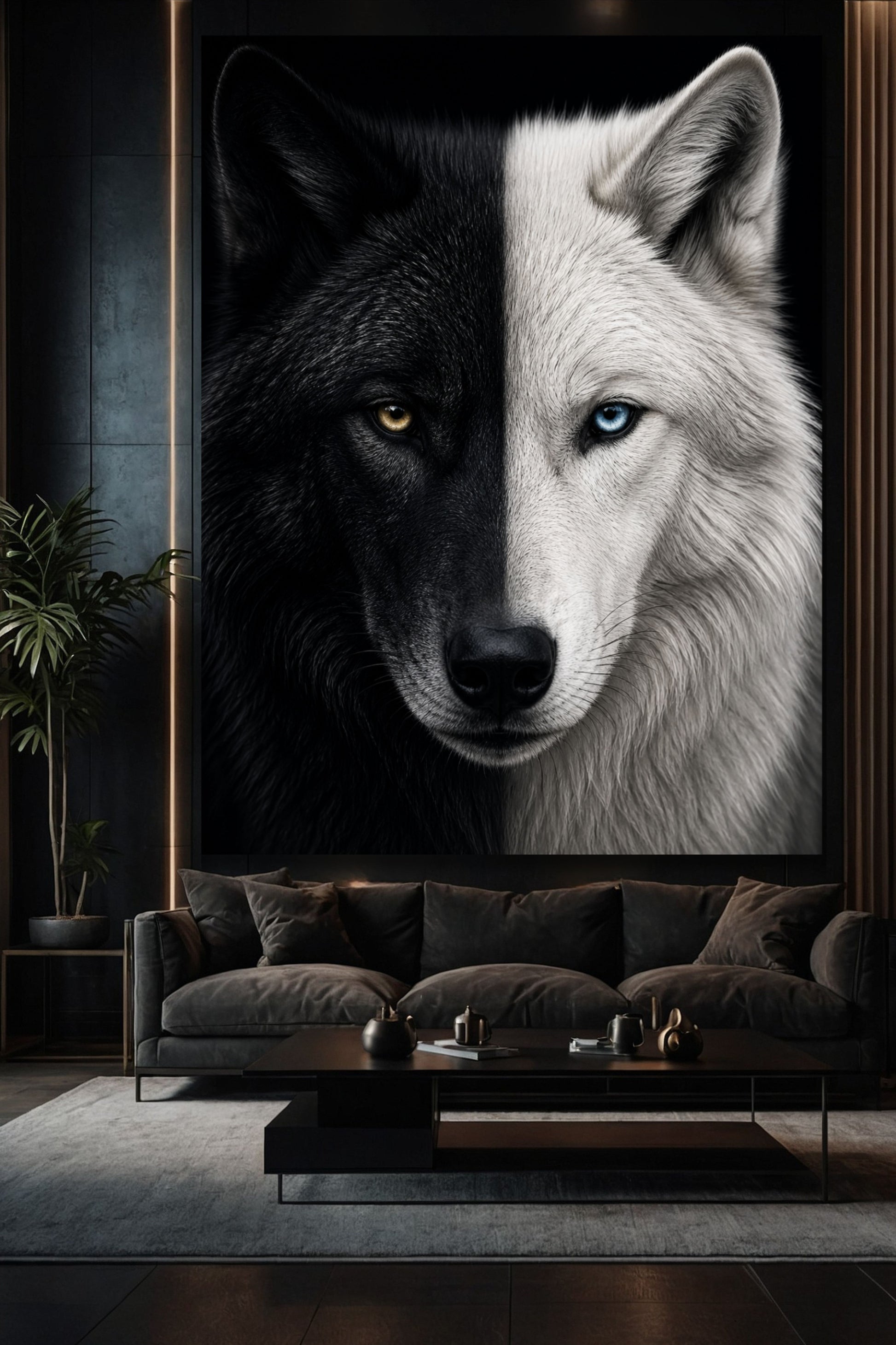 Wolfsgesicht Leinwand halb schwarz halb weiß in stilvollem Wohnzimmer mit dunkler Wand und klarer Bildwirkung