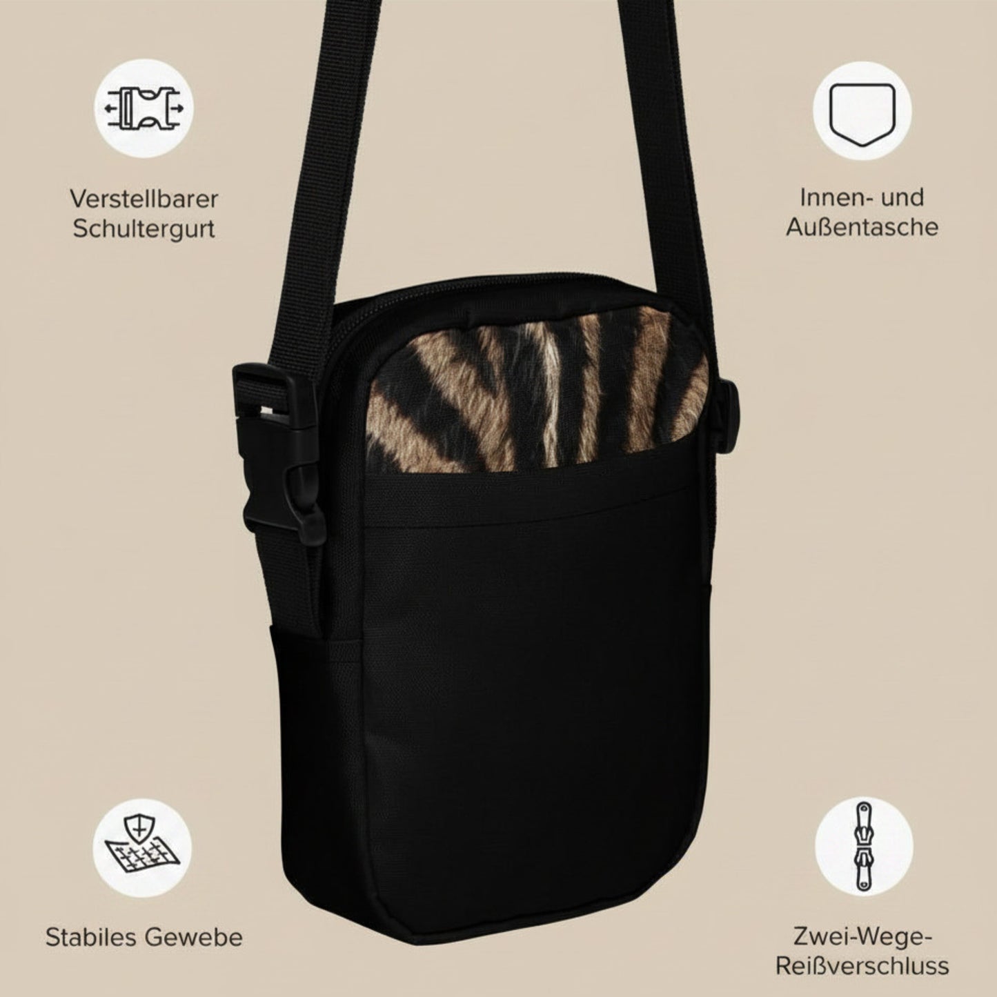 Produktansicht der Zebrafellmuster Crossbody Umhängetasche mit Symbolen für Innen- und Aussentasche, Reissverschluss, verstellbarer Schultergurt, und stabiles Gewebe